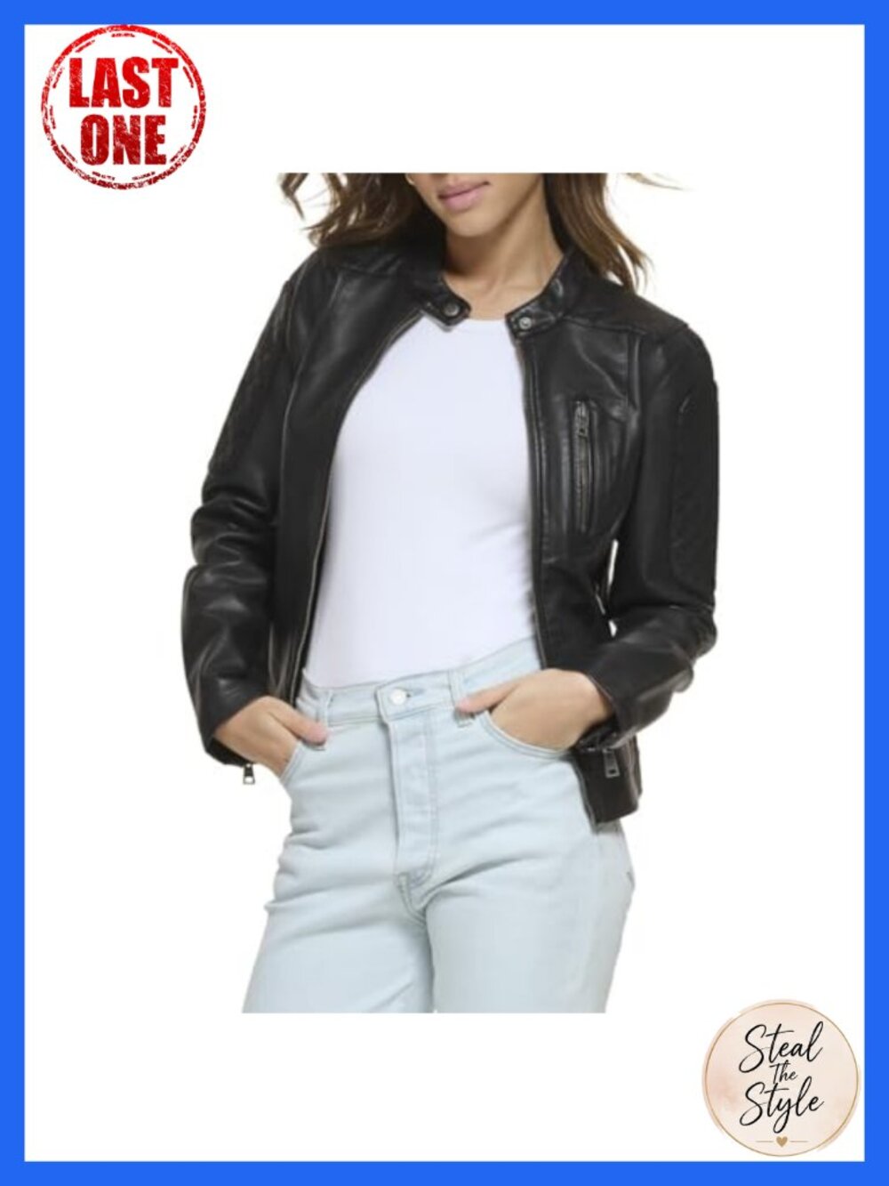 Faux Leather Motocross Racer Jacket Zip Front Snap Collar
